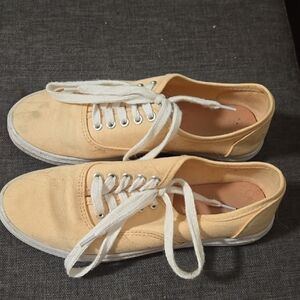 Tan and White Low-Top Sneakers with Canvas Upper